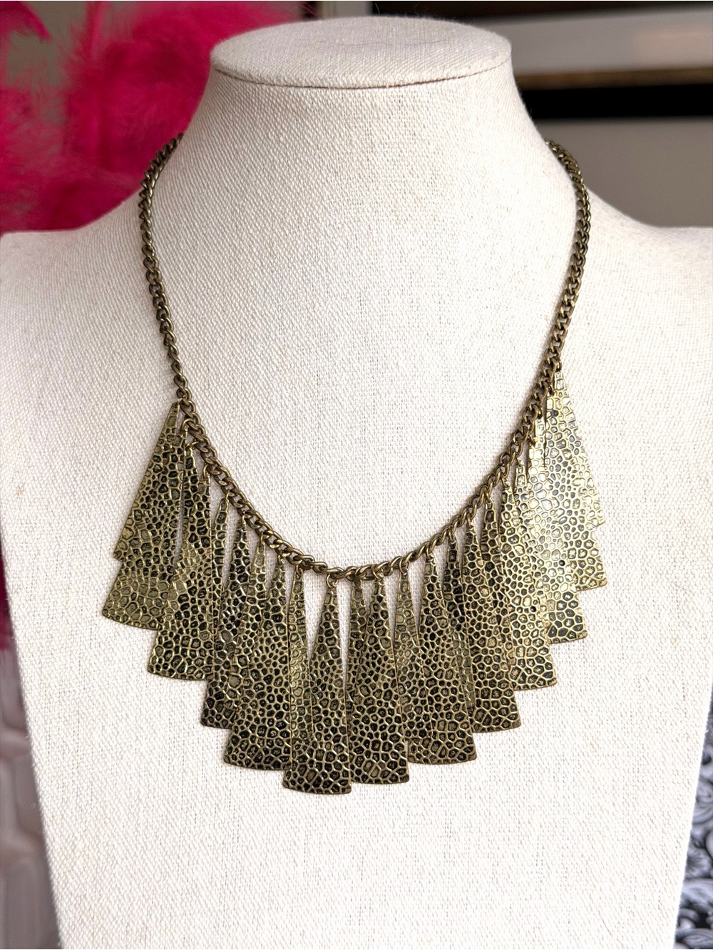 Patina Brass Metal Geometric Fringe Statement Bib Necklace